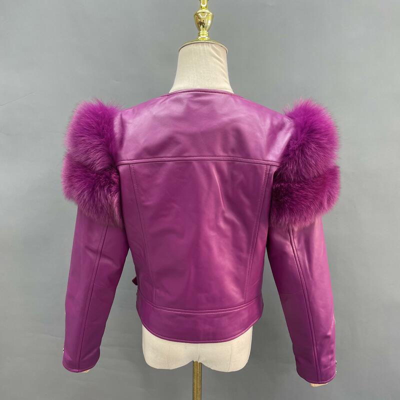 Женская куртка из натуральной кожи Janefur, куртка из натуральной овечьей шкуры с меховым рукавом, 2023