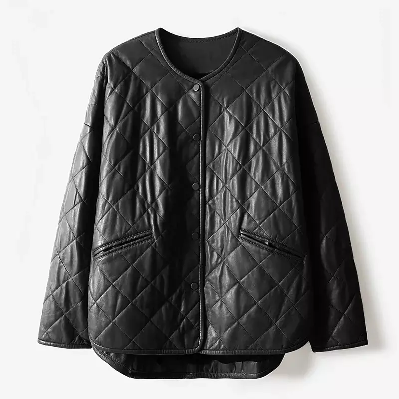 Women's Winter Thick Jacket Genuine Sheespkin Leather Rhombic Pattern Lady Leather Coat O Neck