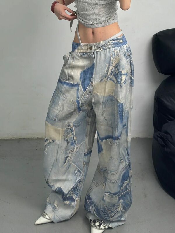 Frauen mit hoher Taille binden Färben Jeans Hip-Hop-Stil Vintage amerikanische Wäsche für alte Jeans mit weitem Bein plus Größe weibliche Hose