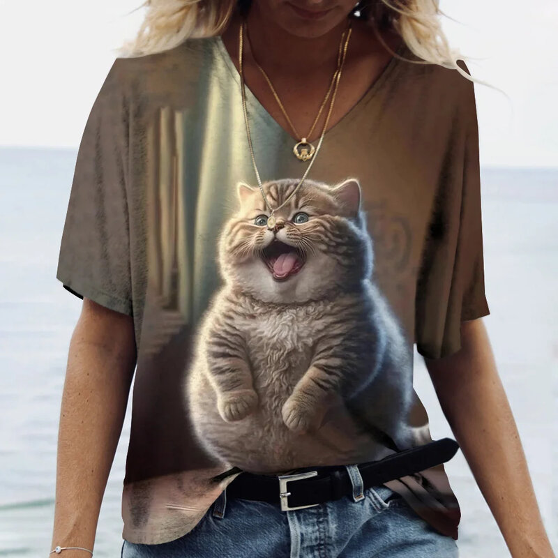 Mode Frauen T-Shirt Katze gedruckt Kurzarm weibliche Harajuku T-Shirts Damen T-Shirt übergroße V-Ausschnitt Tops Tier Frauen Kleidung