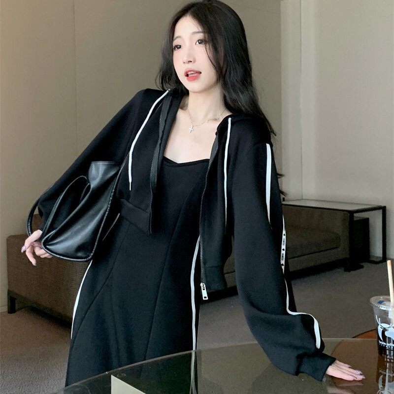 Midi Dress Sets Women Short Hoodies Solid Chic Long Sleeve Zipper A-line Loose Baggy M-5XL Korean Streetwear Elegant Stylish