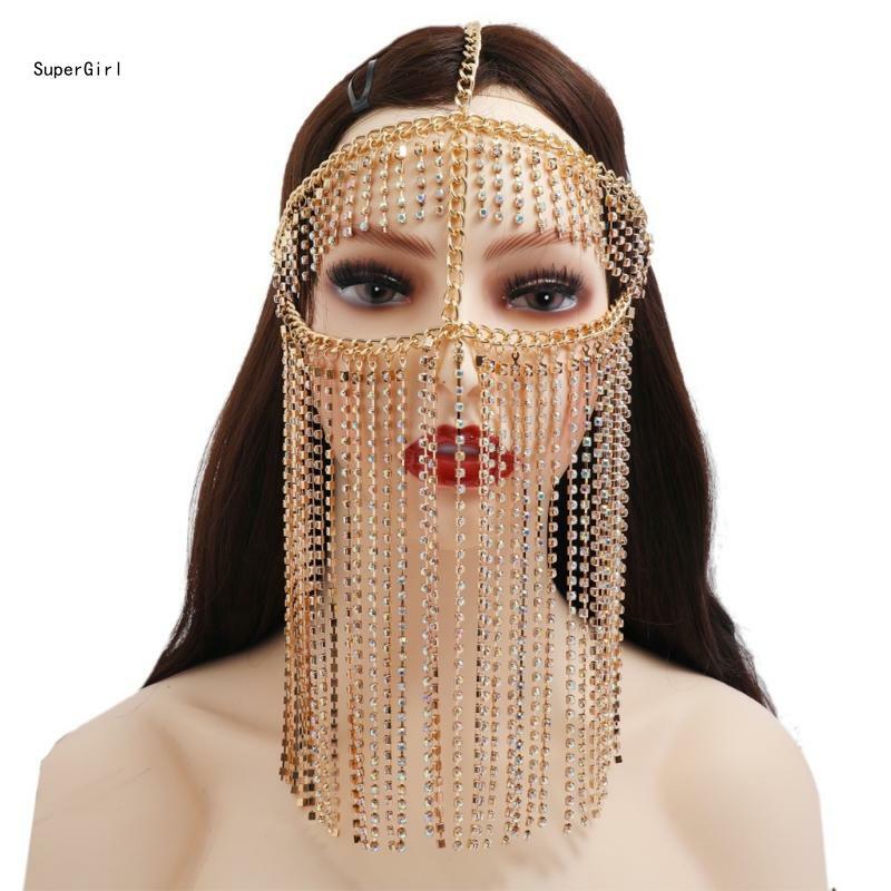 Faux Crystal Tassel Masquerade Mask Veil Face Chain Belly Dance Jewelry Headband