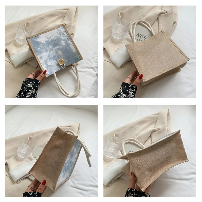 Bolso de mano de lino ecológico para mujer, bolsa de compras de gran capacidad, bolso de mano informal, bolsas de almacenamiento de regalos, bolsa de Almuerzo