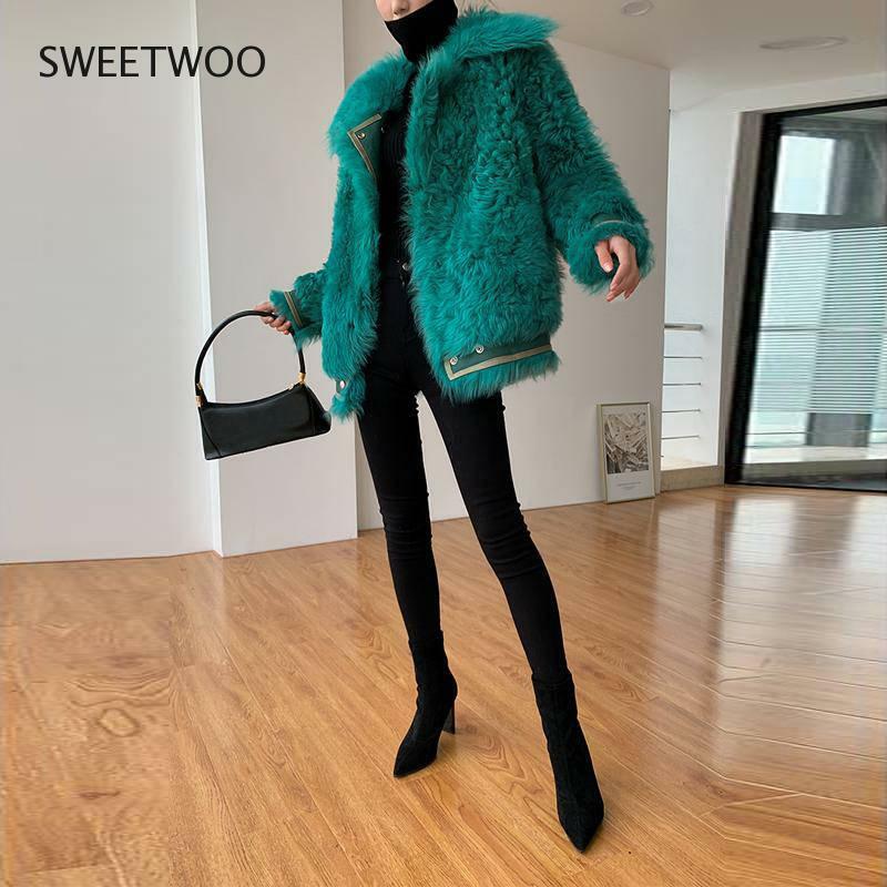 여성을위한 가짜 모피 양모 코트 겨울 패션 모직 코트 여성 따뜻한 턴 다운 칼라 Outwear Sheep Shearing New Jacket 2022