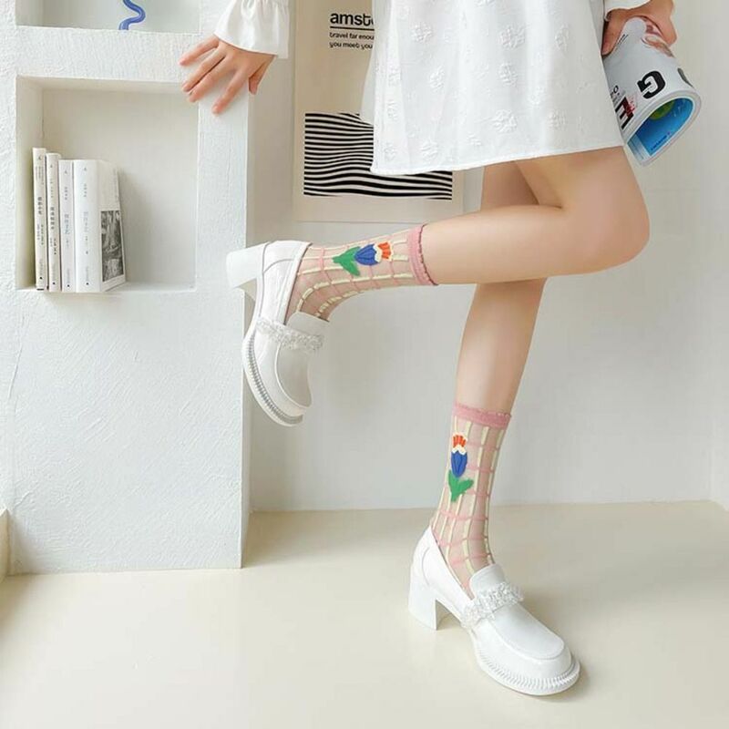 Кружевные сетчатые шелковые носки с кристаллами в японском стиле Харадзюку эластичные длинные носки летние ультратонкие прозрачные милые женские носки