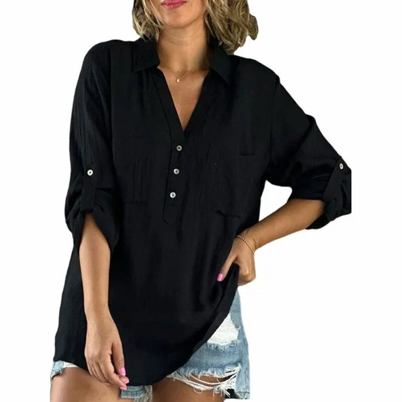 女性用ボタンポケット付きプレーンリネンシャツ、長袖、カジュアルデイリーベーシックシャツ