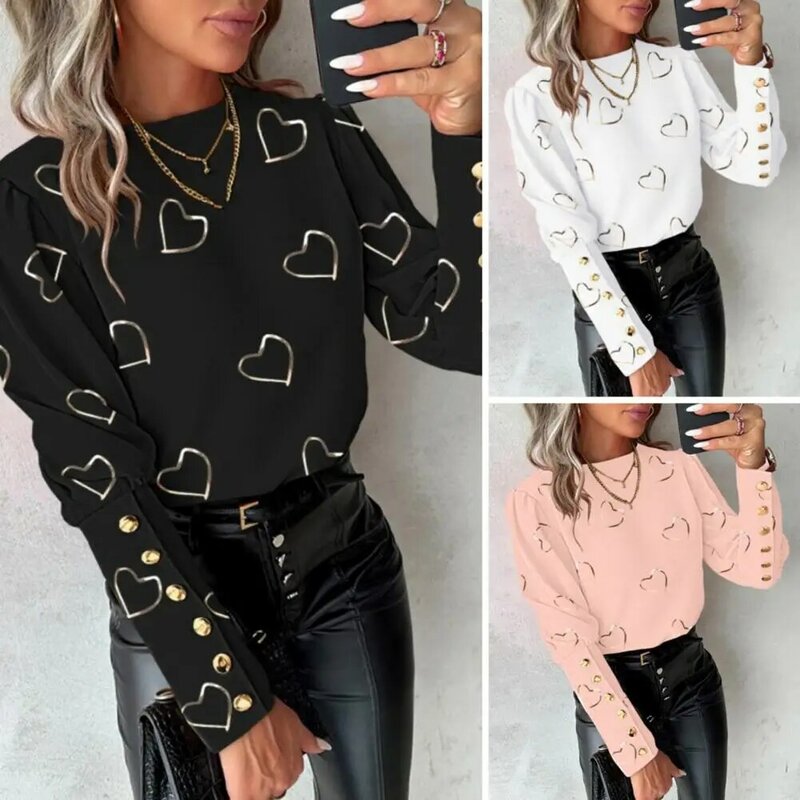 Skin-friendly Shirt Spring Heart Print Women's Shirt Round Neck Long Sleeve Blouse with Button Decor Soft Breathable Ol Commute