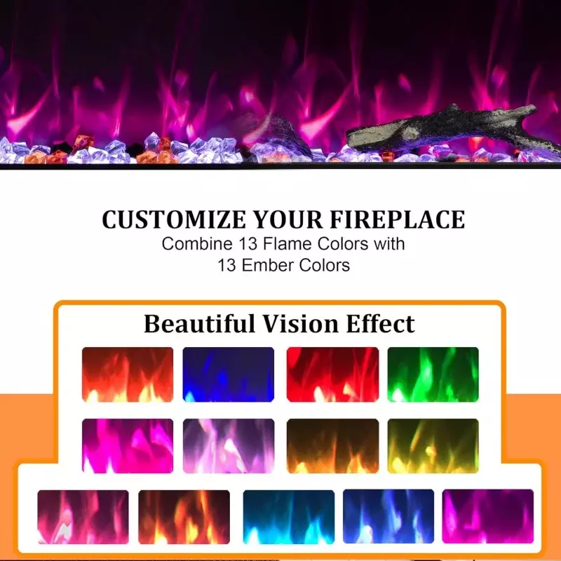 CitroFu-Cheminée électrique encastrée au mur, 13 couleurs de flammes, bûches réalistes, 48 po