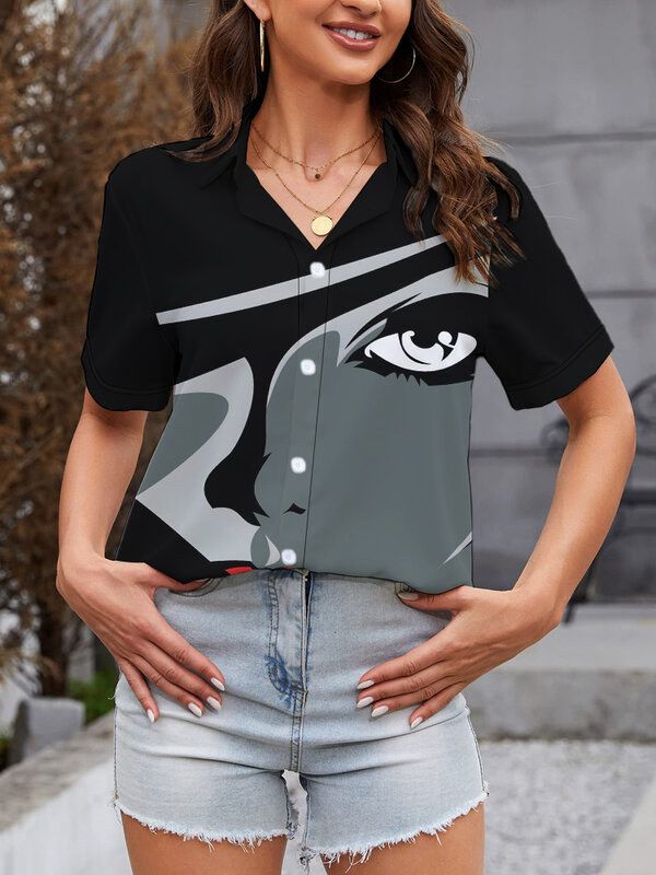 여성용 라펠 반팔 셔츠, 다목적 3D 디지털 프린트 셔츠, 스포츠 루즈 탑, 심플하고 개인화 된 여름 거리
