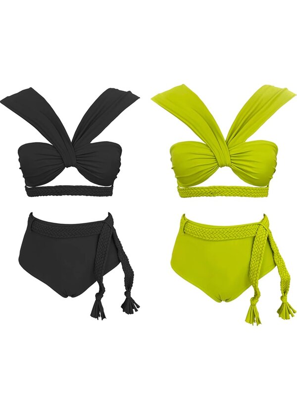 Traje de baño verde para mujer, 2 piezas, Top + ropa interior para vacaciones en la playa, Color sólido, Sexy, sin mangas