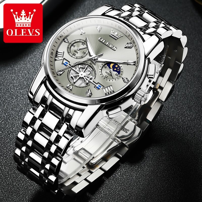 OLEVS Brand Luxury Moon Phase Chronograph Quartz Watch Men Stainless Steel Waterproof Luminous Fashion Tourbillon Mens Watches