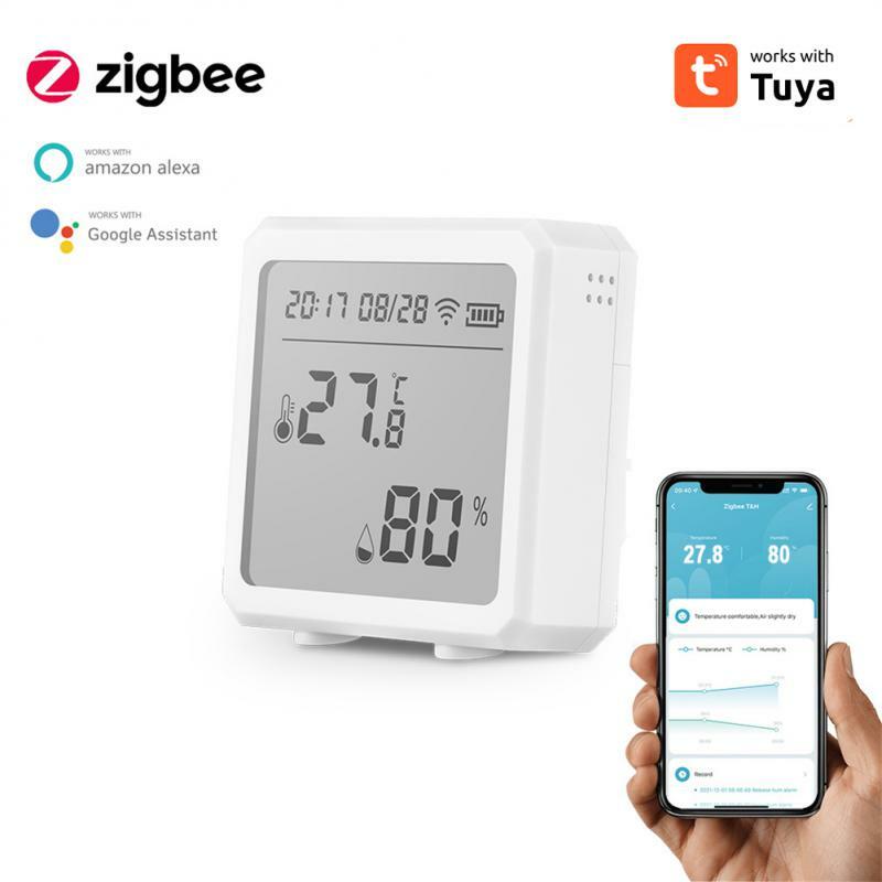 Tuya เซนเซอร์ความชื้นและอุณหภูมิอัจฉริยะ ZigBee, เครื่องวัดอุณหภูมิไร้สายแบบหน้าจอ LCD จอแสดงผลดิจิตอลทำงานร่วมกับ Alexa Google