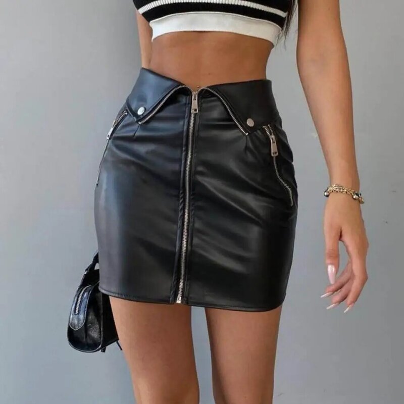 Women High-waist Skirt Sexy High-waist Faux Leather Skirt with Zipper Closure Slim Fit Wrapped Mini Skirt for Women Punk Style
