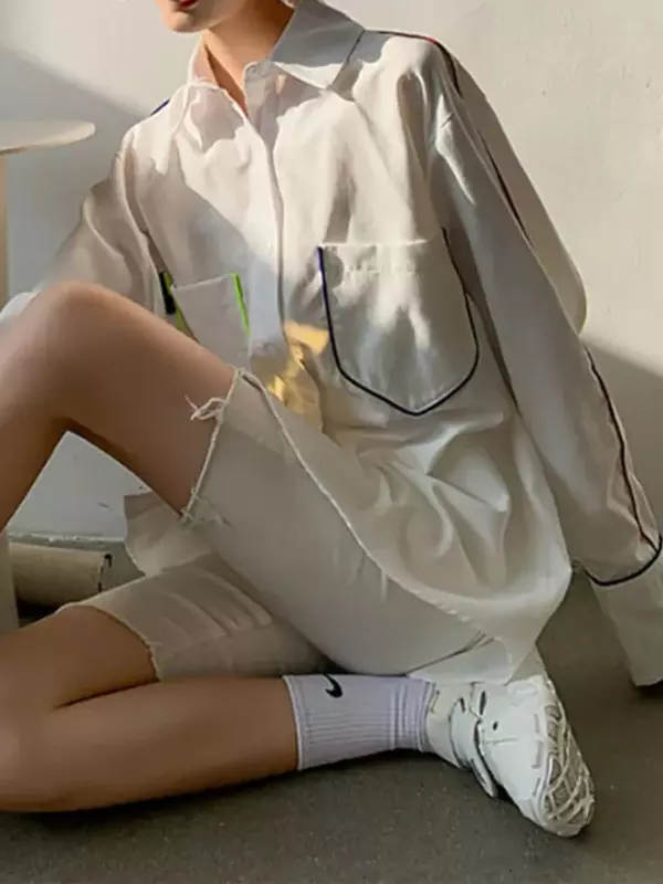 레저 용수철 여성용 단색 폴로 넥 셔츠, 우아한 루즈 싱글 브레스트 긴팔 셔츠, 한국 에디션 패션