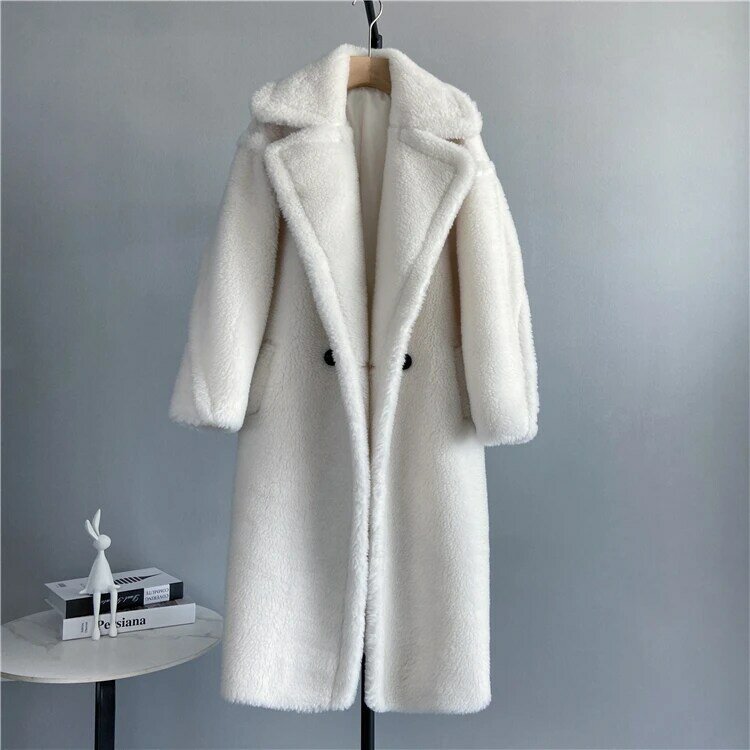 Jaket panjang wanita, mantel wol tenun kain tebal hangat pakaian luar ukuran besar mode jalanan mantel beruang Teddy