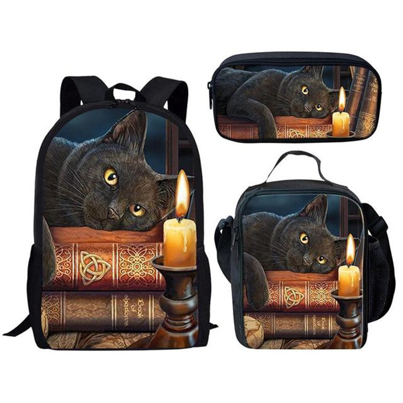 하라주쿠 노벨티 재밌는 고양이 배낭 3D 프린트 학교 학생 책가방, 애니메이션 노트북 데이팩 도시락 가방, 연필 케이스, 세트 당 3 개
