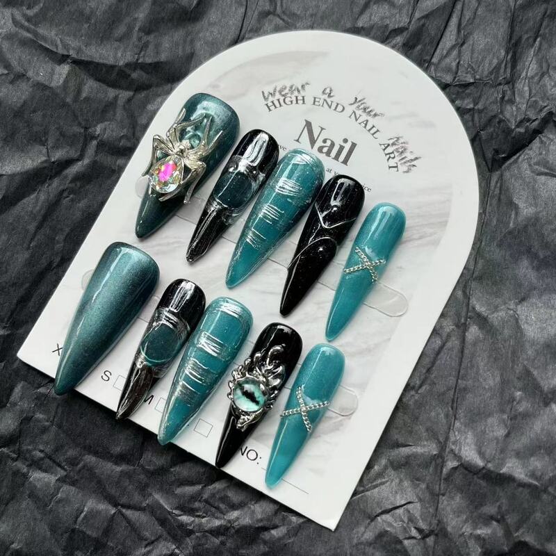 Uñas de lujo hechas a mano y2k, puntas de uñas de Stiletto largo, diseño oscuro, reutilizables, negras y plateadas, cobertura completa, 10 piezas