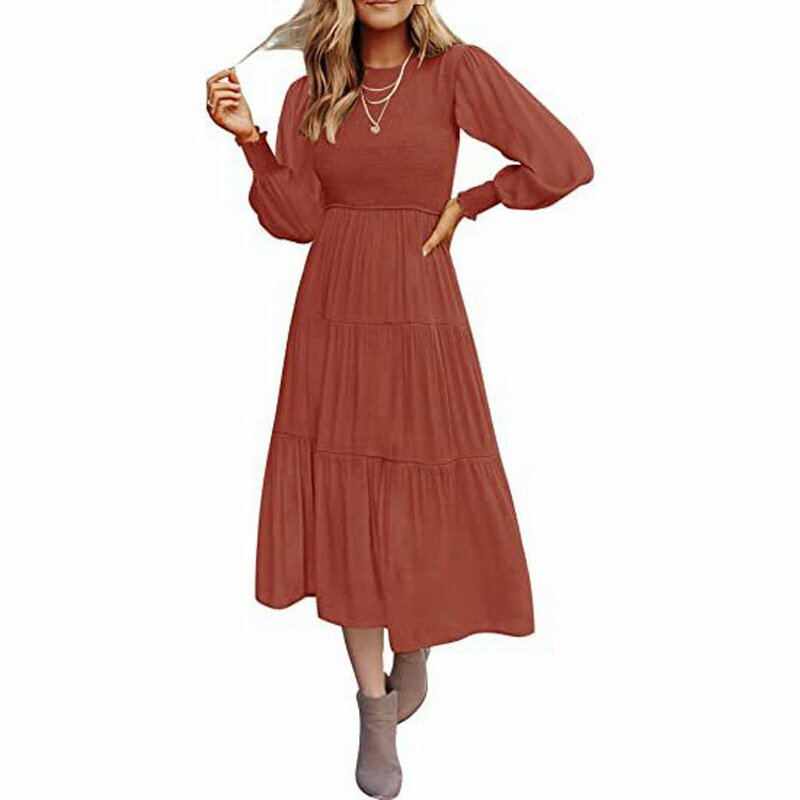 Women Round Neck Dress Elegant and Comfortable for Female Business Meeting Long Sleeve Maxi Dress