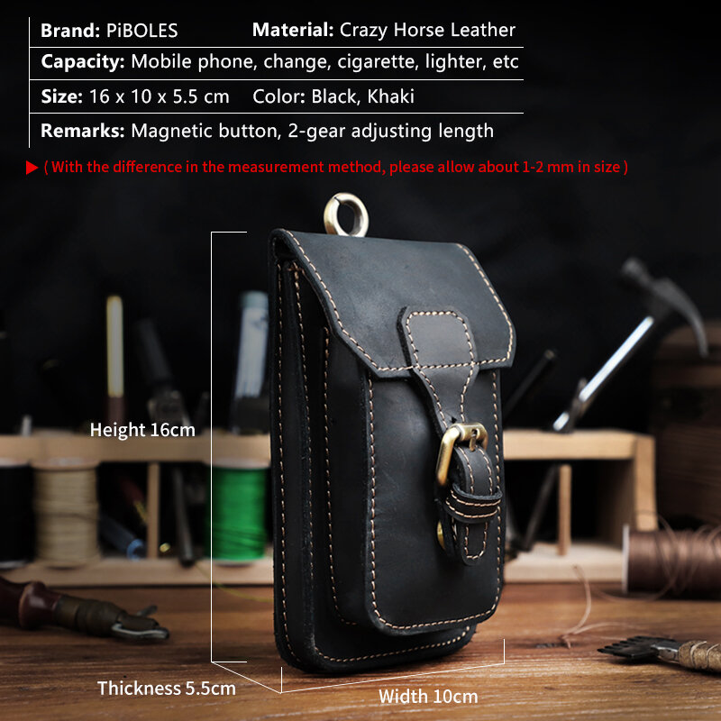 Casual Men's Waist Belt Bag Genuine Leather Hook Bum Bag Waist Pack Cigarette Case 6.7 Inch Phone Pouch Portable Tool Pocket