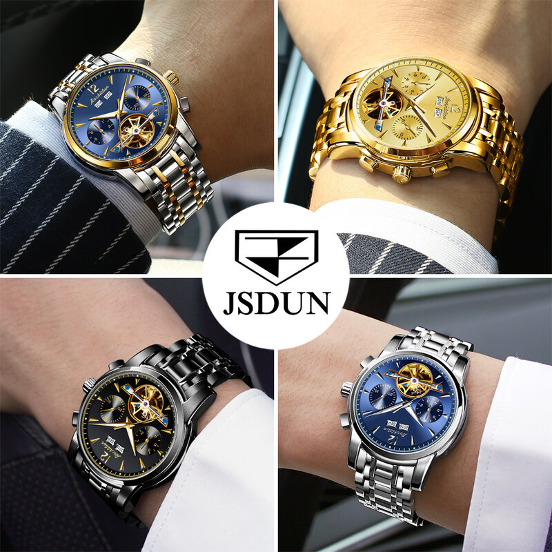 JSDUN Relógio mecânico masculino, pulseira de aço inoxidável, marca original, oco, impermeável, moda, luxo, ano mês