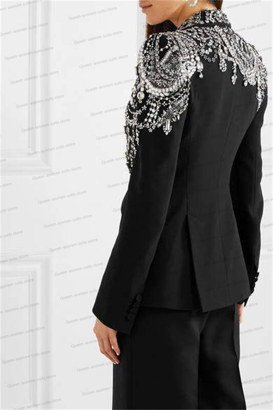 Schwarze Kristalle Hochzeit Smoking Frauen Hosen Anzüge Set 2 Stück Blazer Luxus Perlen Kostüme für Femmes maßge schneiderte Jacke Ballkleid