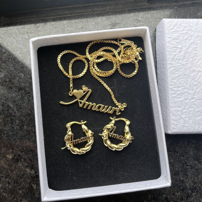 DUOYING Custom Name Jewelry Set Personalized Letter Necklace Customized Name Bangles Stainless Steel Mini Hoop Earrings 18mm