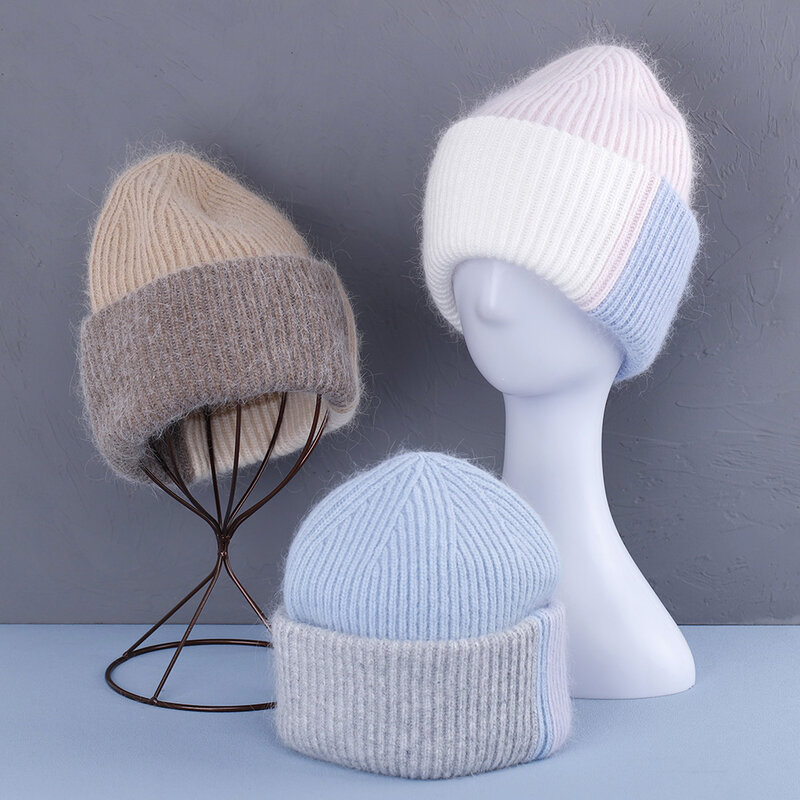 2022 Rabbit Fur Winter Hat for Women Beanies Soft Warm Fluffy pinkycolor Angora Knitted Hat Skullies Beanies for free shipping
