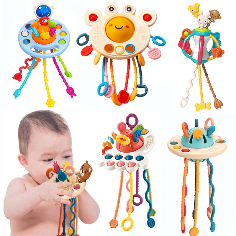 Montessori mainan tali tarik silikon bayi Pull String Teether mainan sensorik pegangan UFO pelatihan Motor keterampilan mainan pendidikan untuk anak-anak