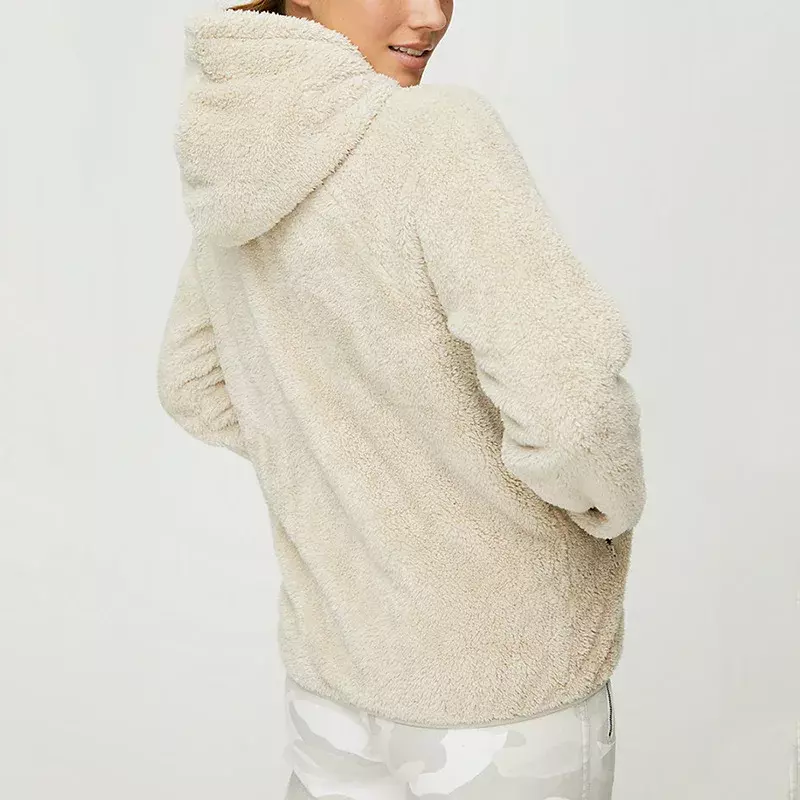 Giacca tascabile con cappuccio in pelliccia sintetica moda donna inverno Casual tinta unita manica lunga Teddy giacca in pile lana Polar Fleece Zip Top