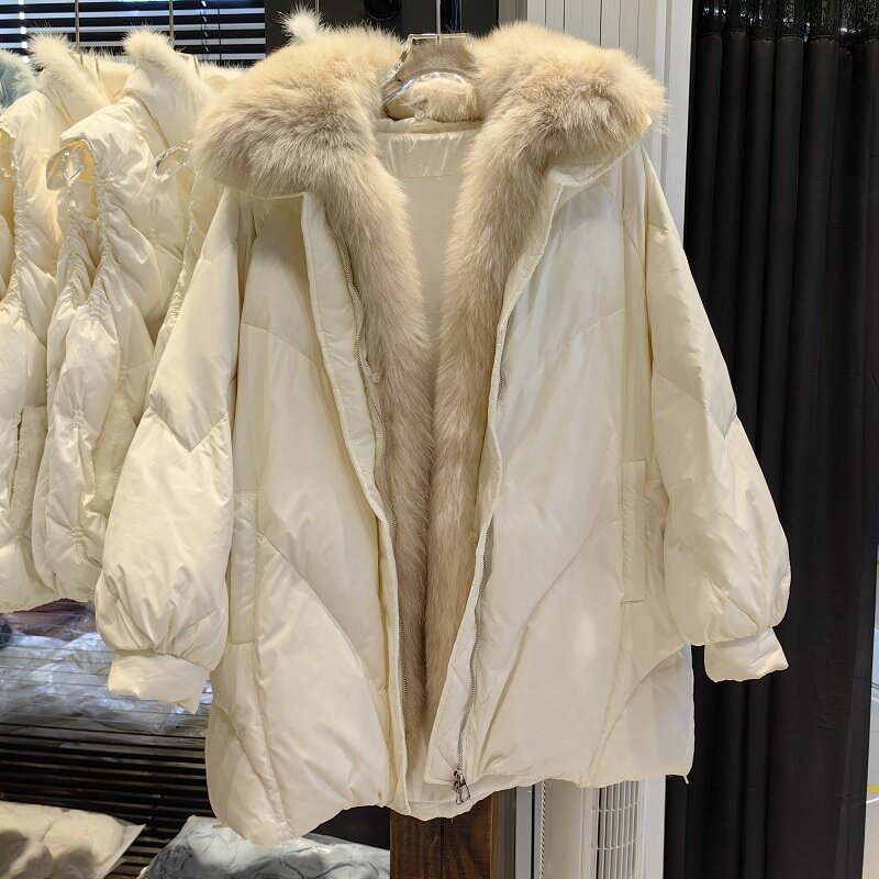여성용 캐주얼 다운 재킷, 중간 길이 여우 모피 칼라, 모피 코트