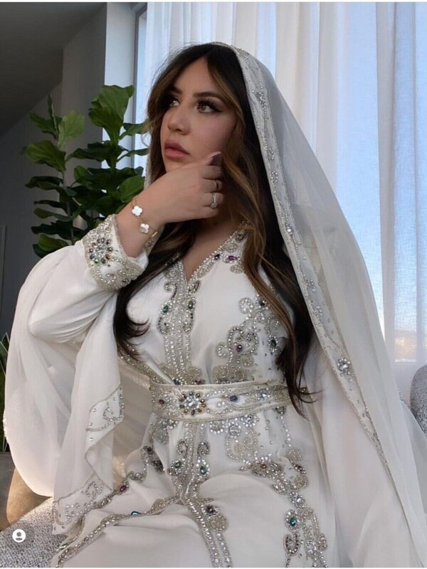 Caftan Dress Long Sleeve Saudi Prom Dress Dubai Moroccan Kaftan Elegant V Neck Evening Dress Arabic Women Formal A-line Dress