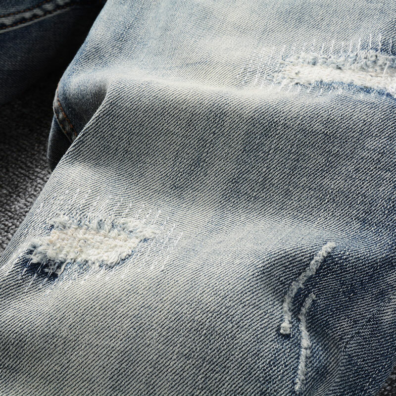 Celana Jeans sobek pas badan pria, celana Denim desainer Vintage Jeans gaya Italia modis kualitas tinggi Retro biru elastis melar