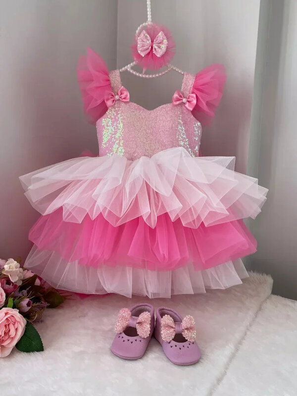 Vestido de lentejuelas de tul rosa para niña de las flores, vestido de princesa en capas, lazo brillante sin mangas con cola, vestidos de baile para fiesta de cumpleaños
