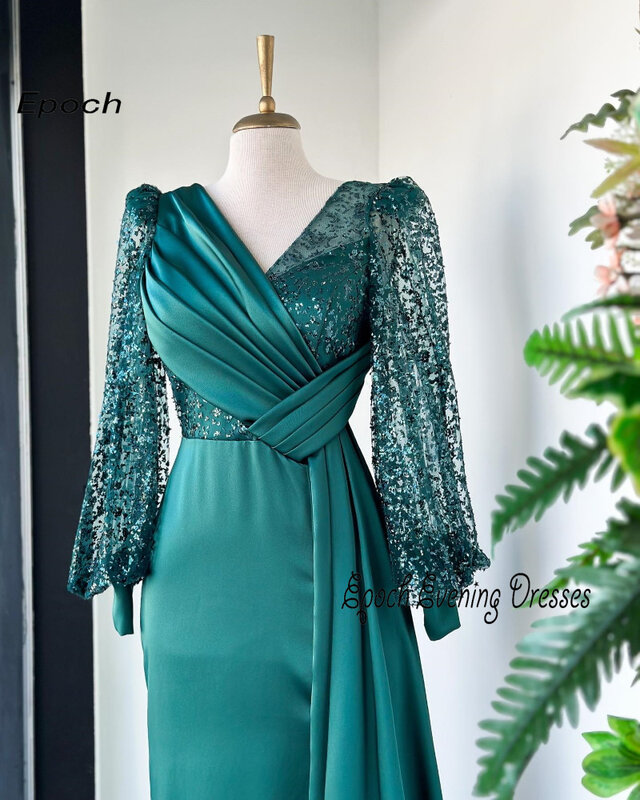 Epoche Satin Abendkleid neue arabische Meerjungfrau elegante V-Ausschnitt Luxus Spitze Ärmel bodenlangen Frauen sexy grün Ballkleid
