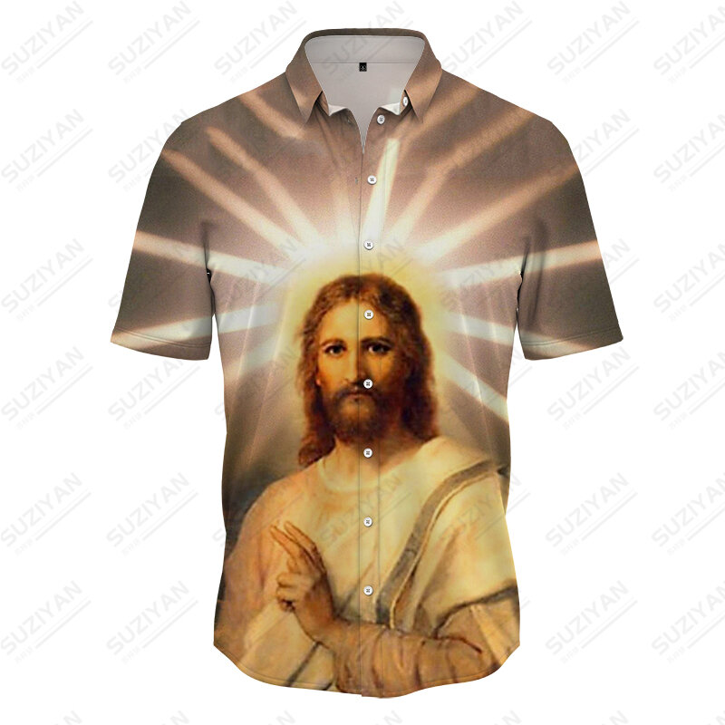 Camisa con estampado 3D de Jesús cristiano para hombre, ropa de playa con estampado Floral religioso, estilo informal, tendencia de moda, compras tropicales, Verano