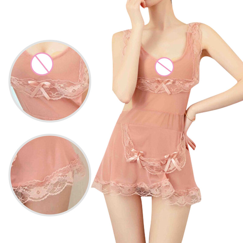 Sexy Women Nightdress Cute Pink Maid Outfit Lace Sheer Backless Nightwear Suspender Mini Dress Seduction Erotic Lingerie