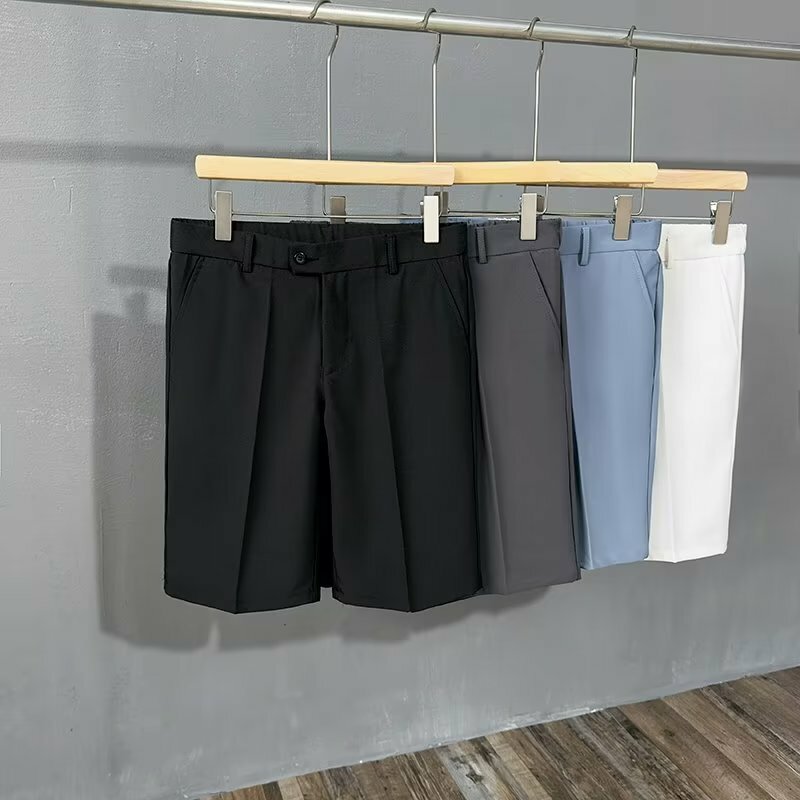 Pantalones cortos informales finos de verano para hombre, tela drapeada elástica, estilo coreano, Color sólido, negro, blanco, caqui, hasta la rodilla