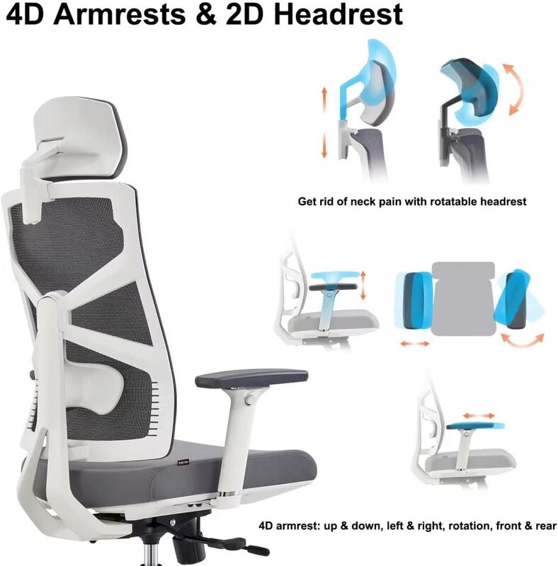 Ergonomiczne krzesło biurowe z adaptacyjnym oparciem, krzesło komputerowe z wysokim oparciem i podłokietnikami 4D