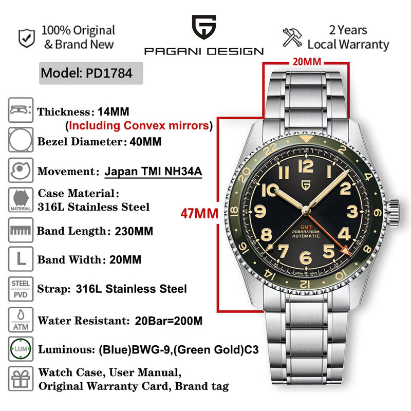 ページニデザイン-男性用機械式腕時計、nh34a、自動、サファイア、防水、gmtウォッチ、家庭用、nh1784、40mm、新品、2022
