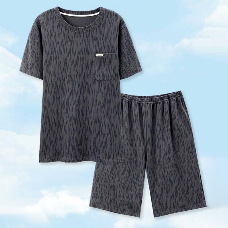 Conjunto de loungewear solto masculino, com decote em O, camiseta de manga curta, calção de perna larga, cintura elástica, verão