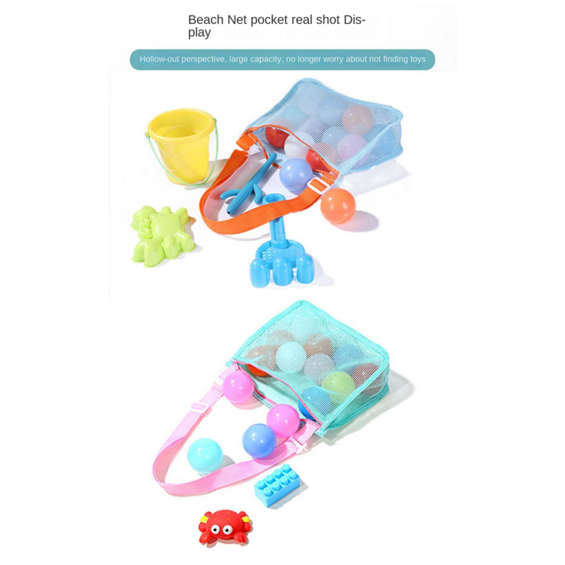 6 buah tas mainan pantai jaring warna-warni tas pantai anak-anak tas koleksi cangkang tas penyimpanan mainan pasir dengan tali pembawa yang dapat disesuaikan