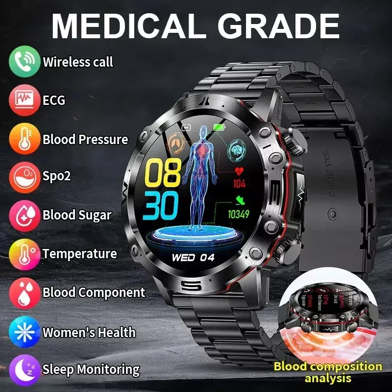 LIGE-reloj inteligente ECG para hombre, pulsera con Pantalla AMOLED, Bluetooth, llamadas, deportes al aire libre, monitoreo de temperatura, salud