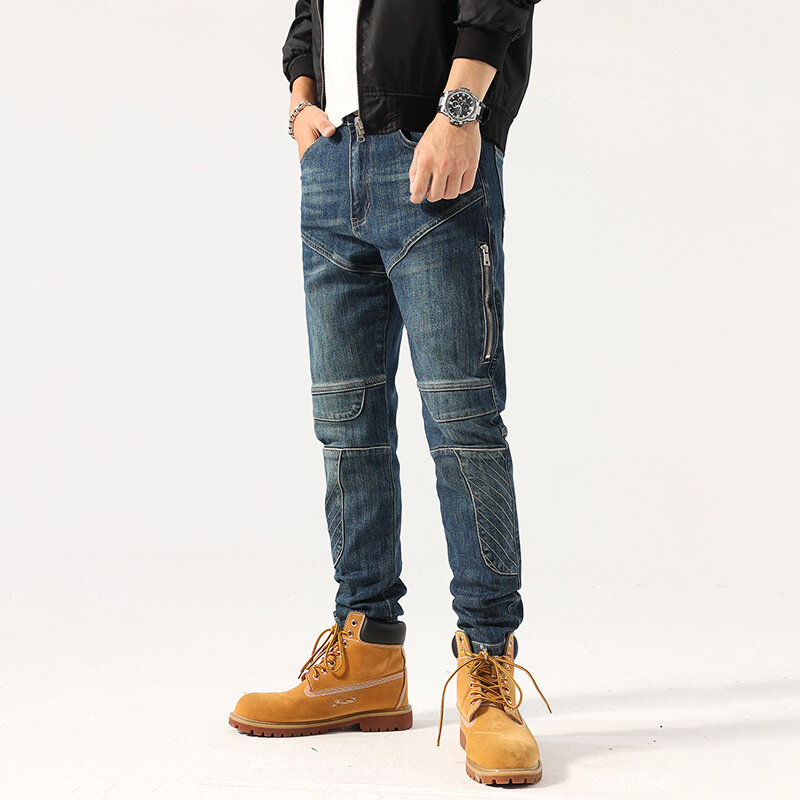 Jeans Pria Mode Streetwear Jeans Pengendara Sepeda Motor Desainer Sambungan Slim Fit Ketat Biru Retro Celana Hip Hop Celana Panjang Pria Sambungan