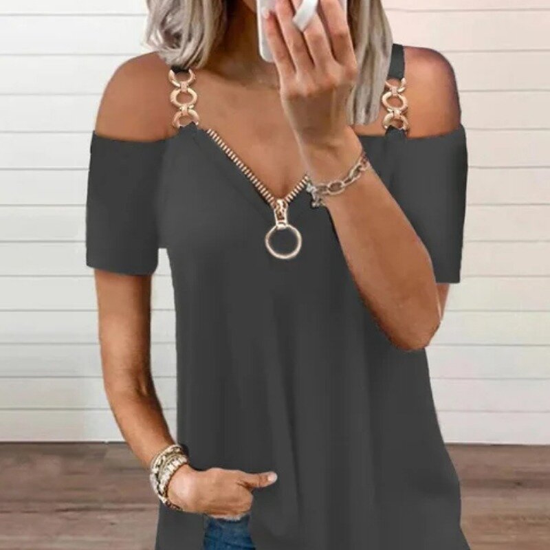 Sexy Suspender Short Sleeve V-Neck Women Clothes Fashion Chain Strap Off Shoulder Slim Zipper Pullover Casual Y2K Female T-shirt