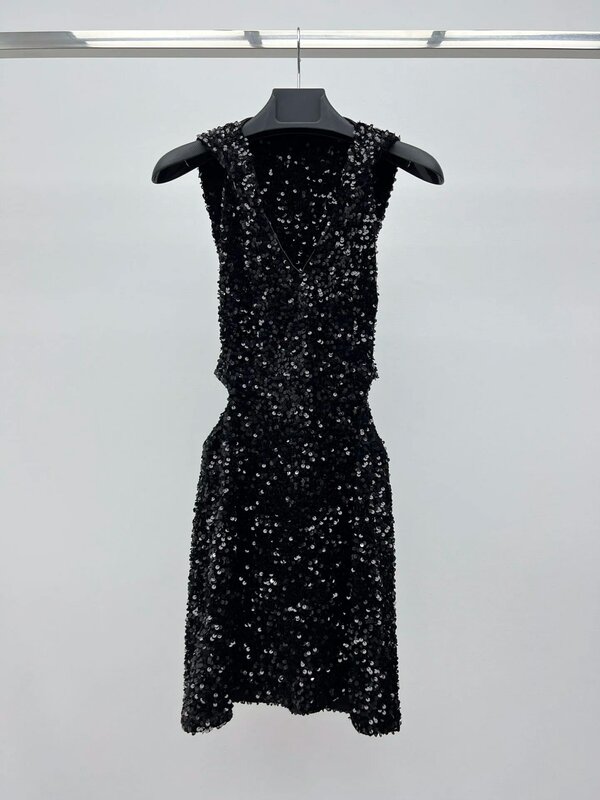 2024 Spring/Summer New Women's Wear V-neck Hooded Design Sequined Midriff Outfit Backless Long Dress 0302