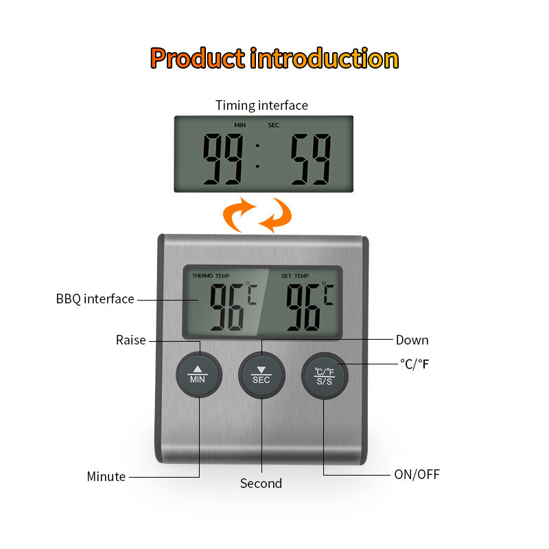 Therye.com-Thermomètre numérique pour la cuisson de la viande et des aliments, fonction minuterie avec sonde, compteur de chaleur pour la cuisine, four, barbecue, gril