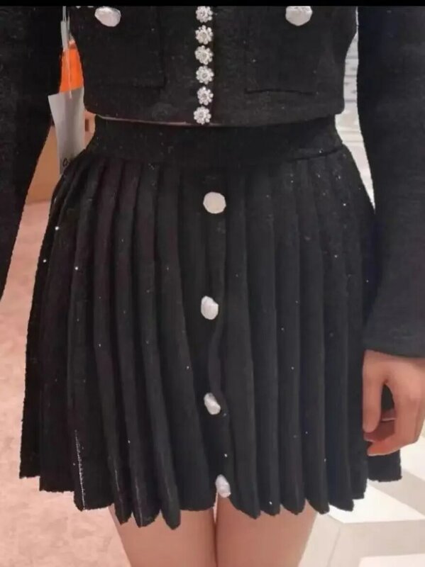 Женский элегантный Трикотажный костюм с блестками, дизайнерское короткое пальто с круглым вырезом и карманами или плиссированная юбка с эластичной высокой талией