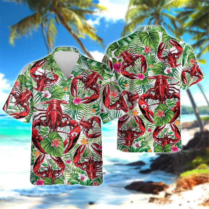 Модная пляжная рубашка с рисунком рыбы, Повседневная рубашка Saefood с коротким рукавом, рубашка с отворотом тунца, краба, лобстера, мужская рубашка в стиле хип-хоп для отпуска