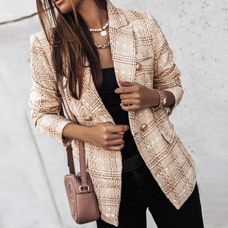 2022 New Spring-Autumn Jacket Plaid Blazer Women Long Sleeve Double-breasted Tops Slim Tweed Coat Office Lady Coat Woman Clothes