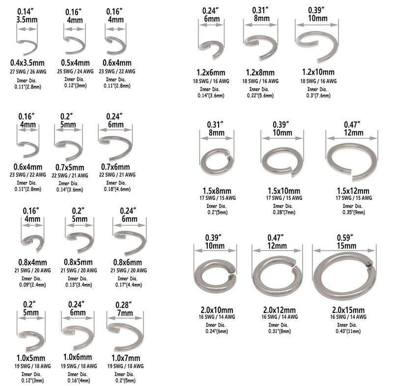 Anéis Divididos de Aço Inoxidável, Anéis Abertos, Metal Redondo, 4mm, 5mm, 6mm, 7mm, 8mm, 9mm, 10mm, 12mm, 15mm, 250 PCes, 1000 PCes, 5000 PCes